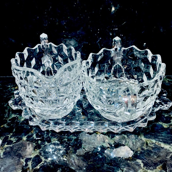 FOSTORIA American Glass Creamer Pitcher, Sugar Bowl, &Tray or Butter Dish - Picture 1 of 5